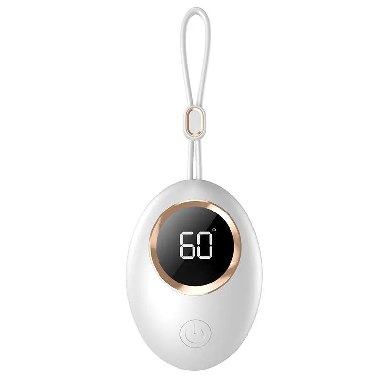 USB-powered hand warmer power bank with digital display in various colour options.