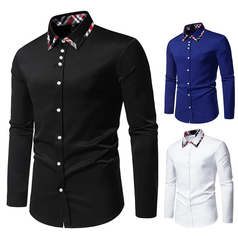 Men's triangle collar shirt with plaid contrast panels in polyester fibre