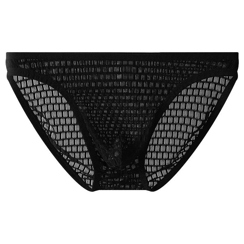 Men's low waist transparent lace underwear shorts in a solid colour on a neutral background.