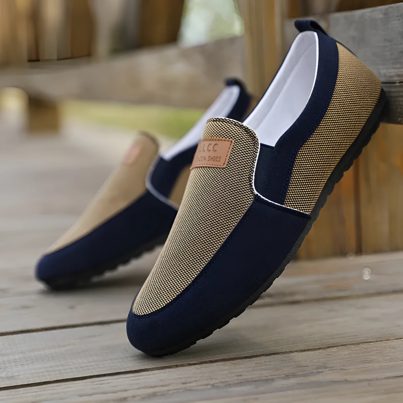 Men's grey and khaki canvas casual shoes with round toe design and rubber soles