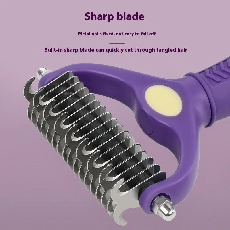 Purple double-sided plastic dog comb for grooming and untying knots, showing ergonomic handle.