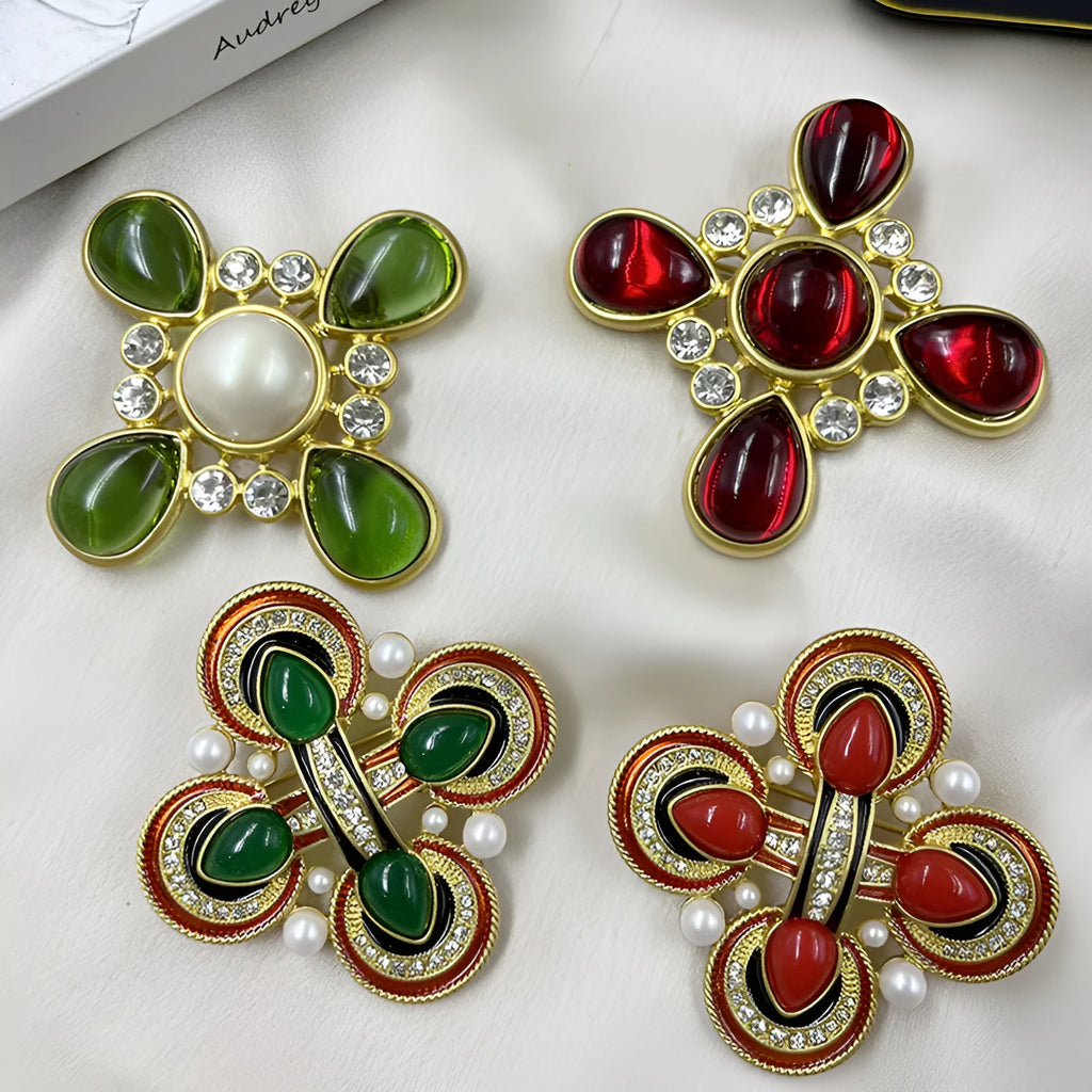 Medieval-style baroque cross brooch with crystal accents on zinc alloy in vintage design