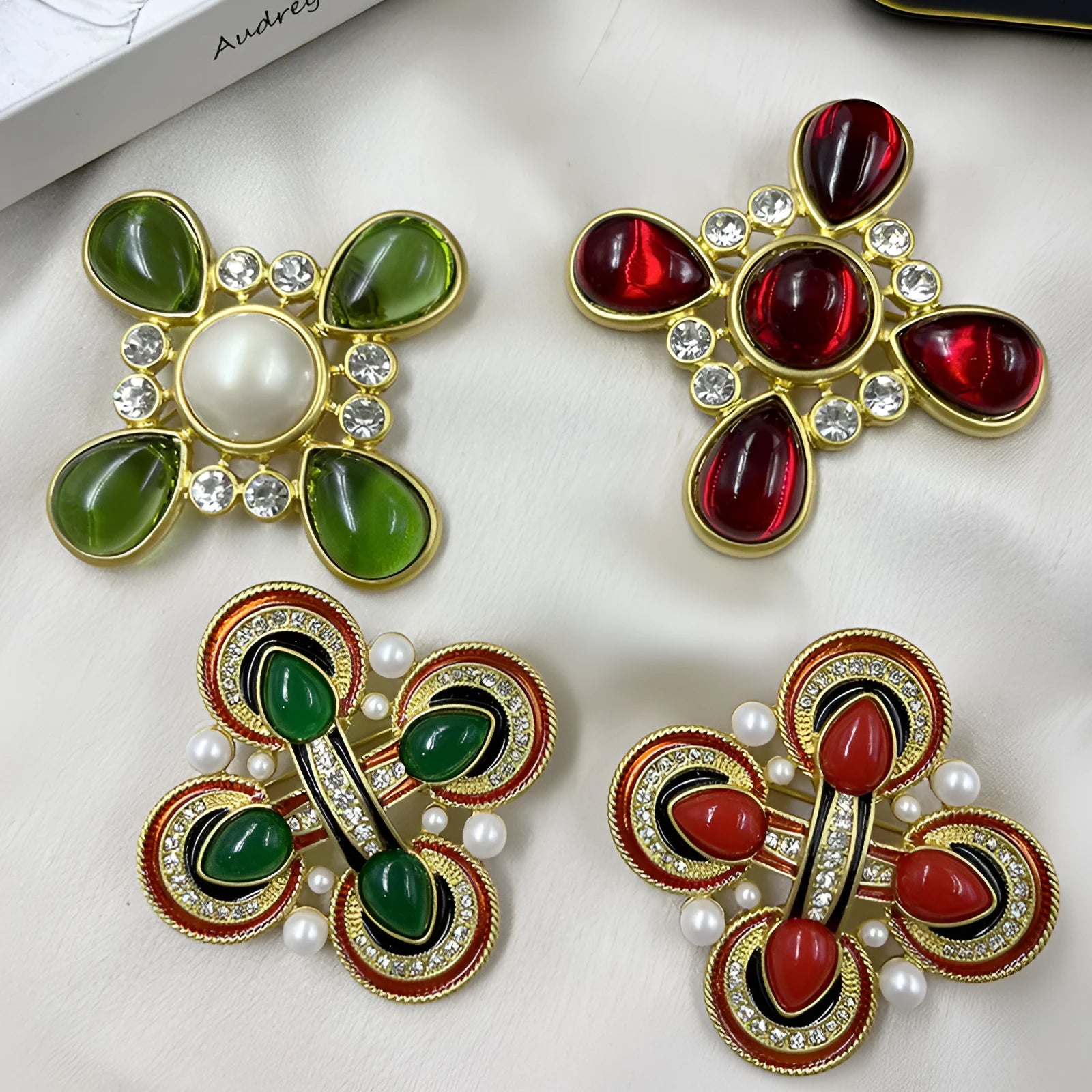 Medieval-style baroque cross brooch with crystal accents on zinc alloy in vintage design