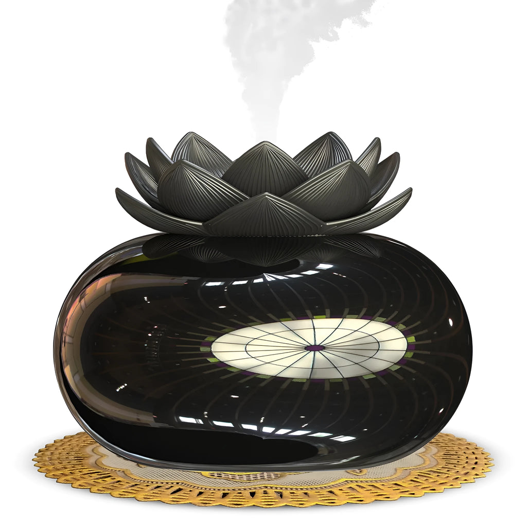 Pure black round lotus aromatherapy humidifier with USB cable and ceramic stone.