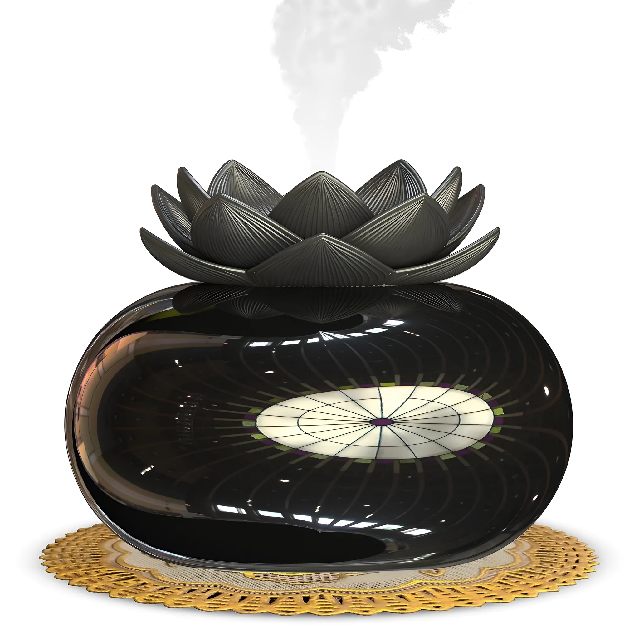 Pure black round lotus aromatherapy humidifier with USB cable and ceramic stone.