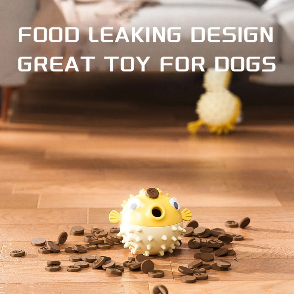 Yellow fish-shaped vinyl dog chew toy with textured surface for teeth cleaning.