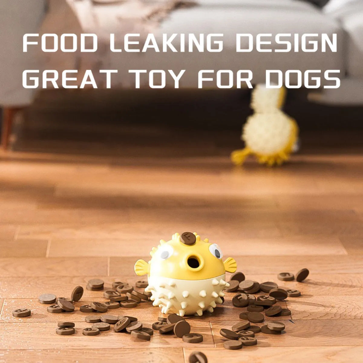 Yellow fish-shaped vinyl dog chew toy with textured surface for teeth cleaning.