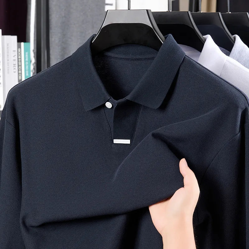 Men's loose fit cotton polo shirt with lapels and long sleeves in multiple colour options