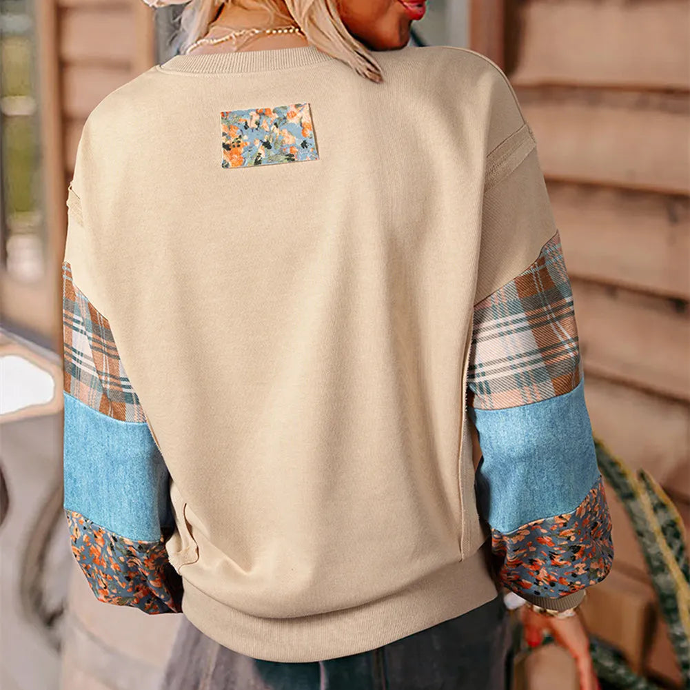 Women's apricot and red plaid stitch long sleeve loose fit casual pullover top