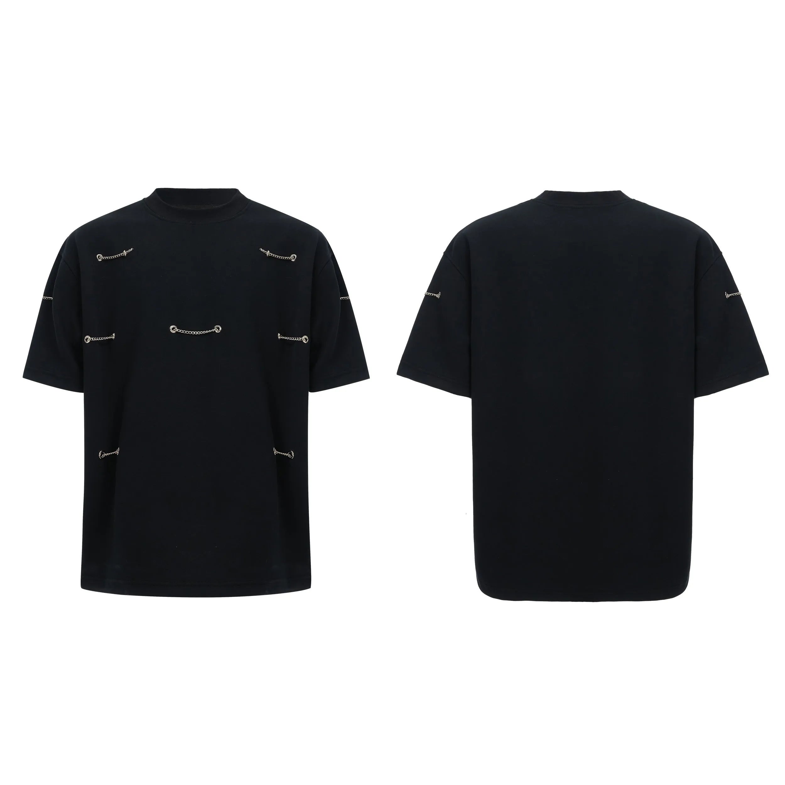 Black cotton blend T-shirt with metal chain detail on padded shoulders, short sleeves, round neck, front view