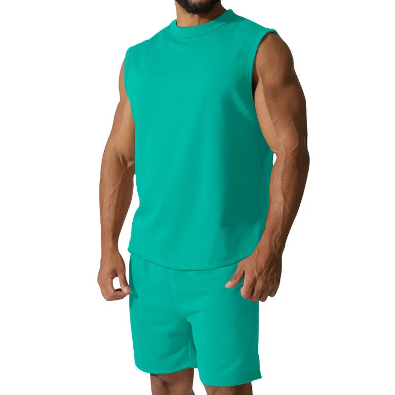 Men's sleeveless cotton blend sports top and matching shorts casual set in army green.