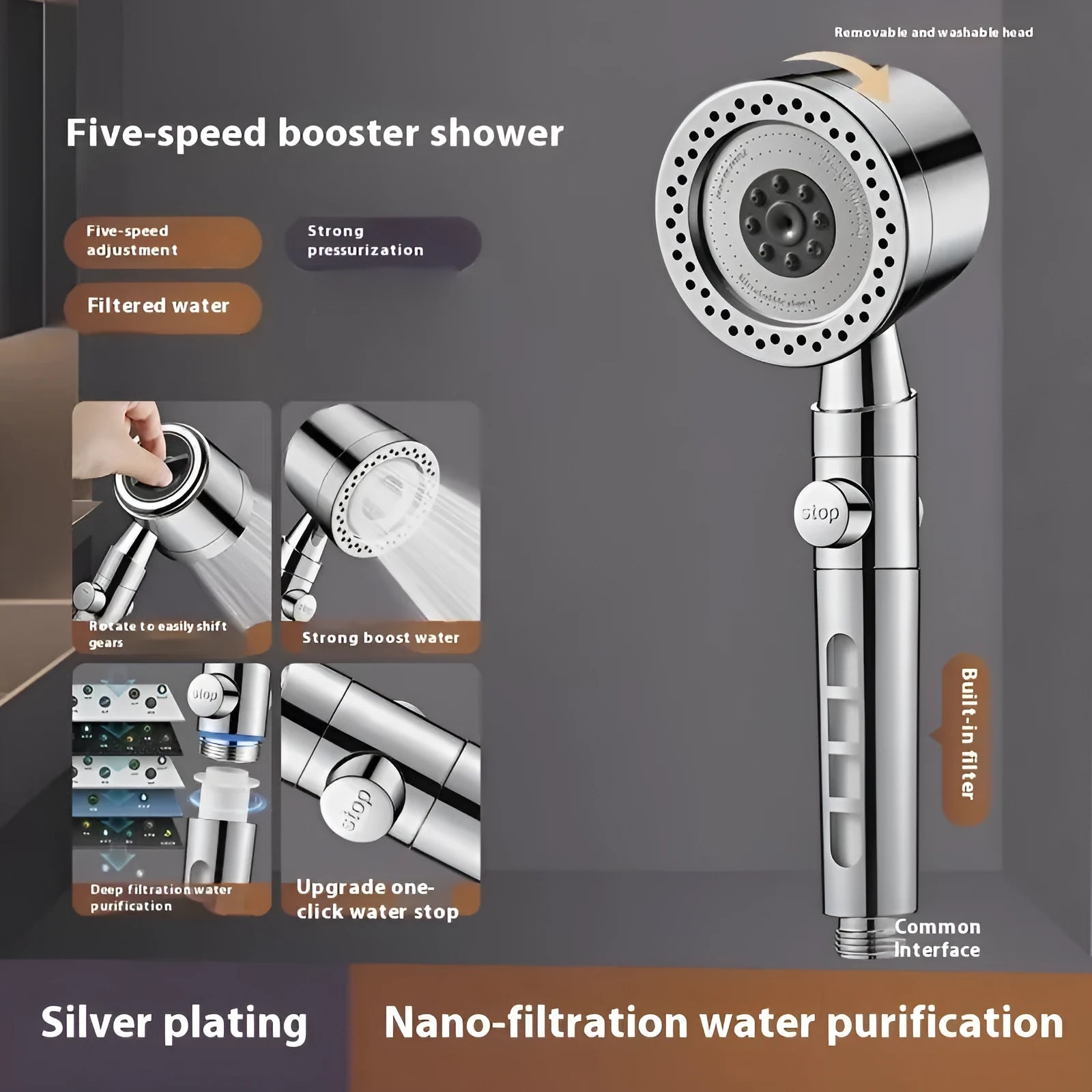 Silver portable shower head with chrome finish and multiple spray settings.