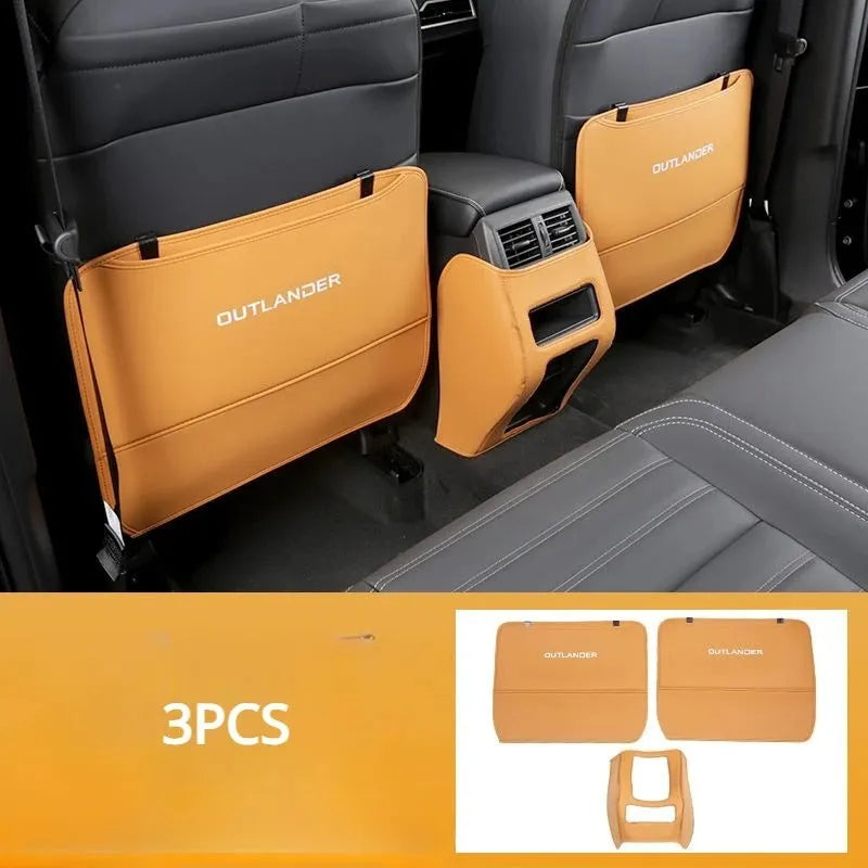 Set of three leather anti-kick pads for a Mitsubishi Outlander car seat armrest and box.