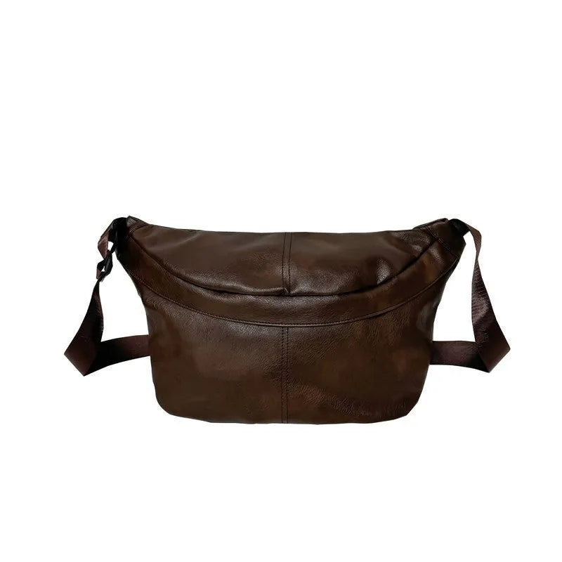Retro large capacity men's crossbody bag in brown PU leather with zipper closure on white background.