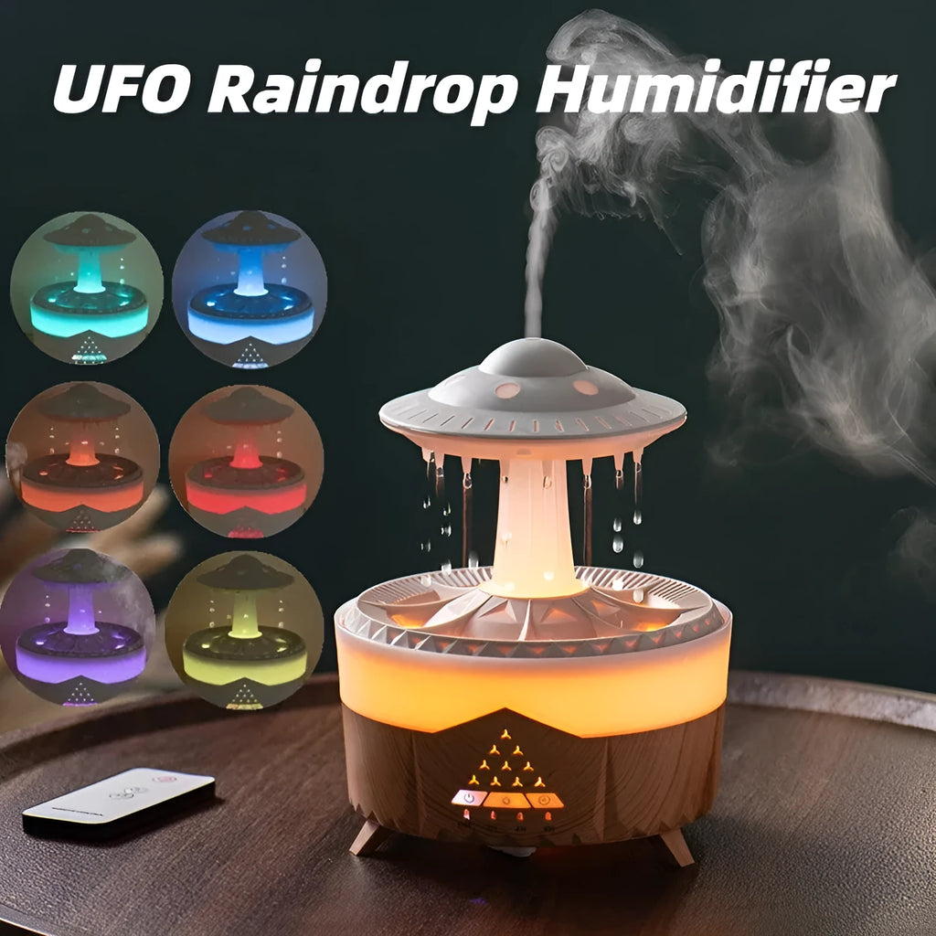 Raindrop humidifier with 350ml capacity, 7 colour nightlight, and essential oil diffuser in white finish