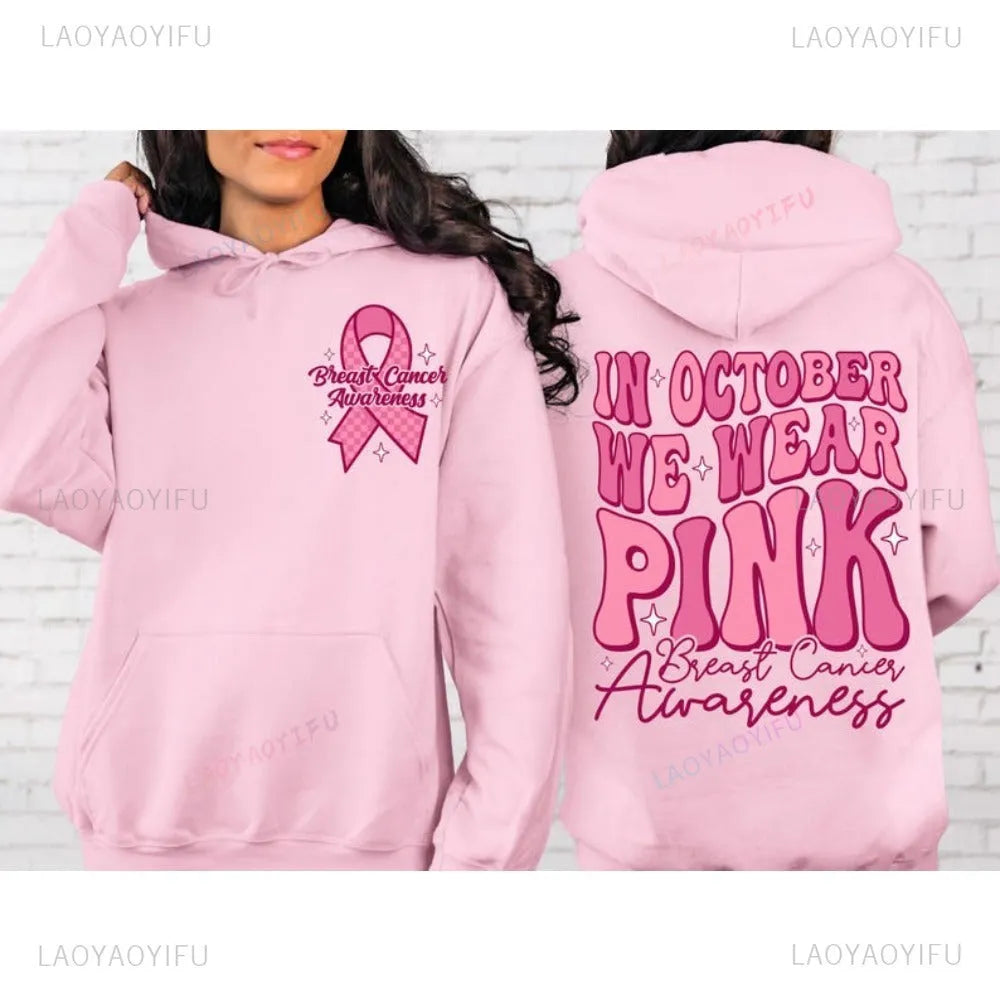 Pink Breast Cancer Awareness hooded sweatshirt with retro pattern and side seam pockets
