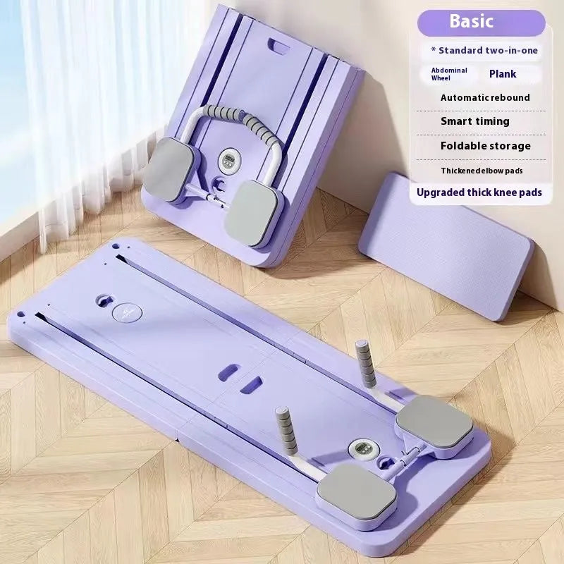 Standard purple automatic rebound abdominal wheel fitness board on floor demonstrating exercise position