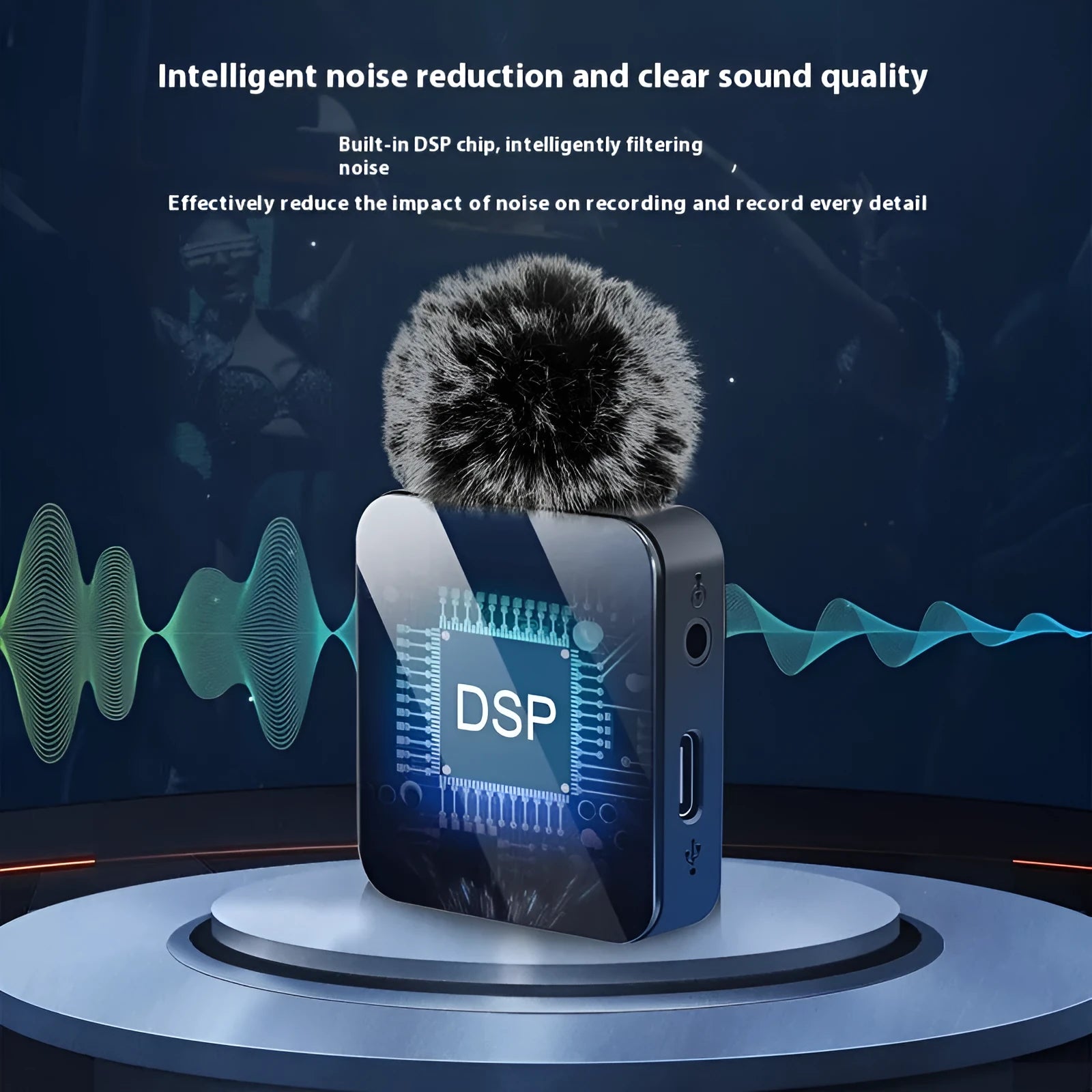Wireless carbon fibre neckline clip microphone transmitter on a black background with storage box and accessories