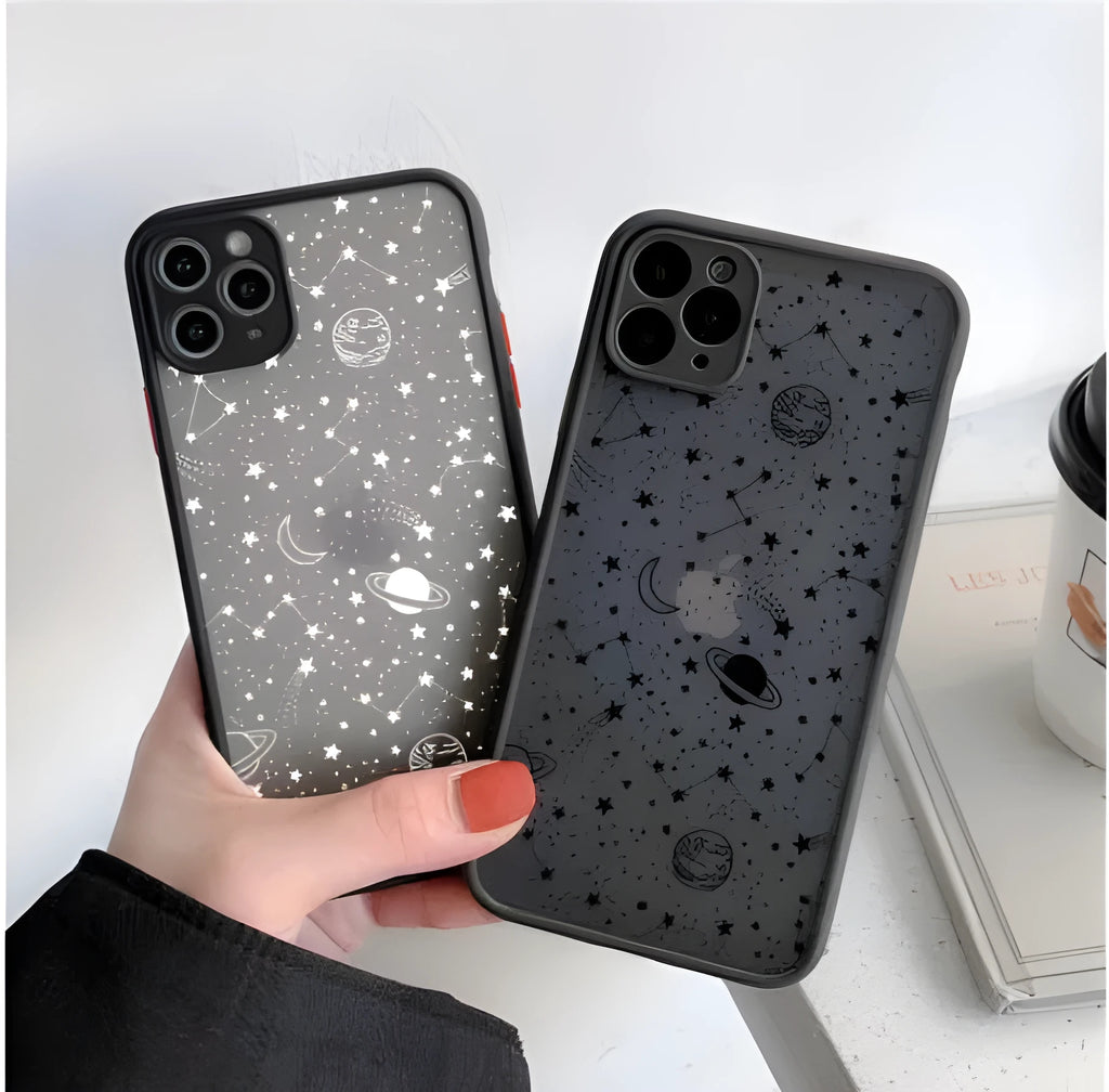 Black and white Star Universe iPhone case shell shown next to compatible iPhone models like XR, 12, and 13.