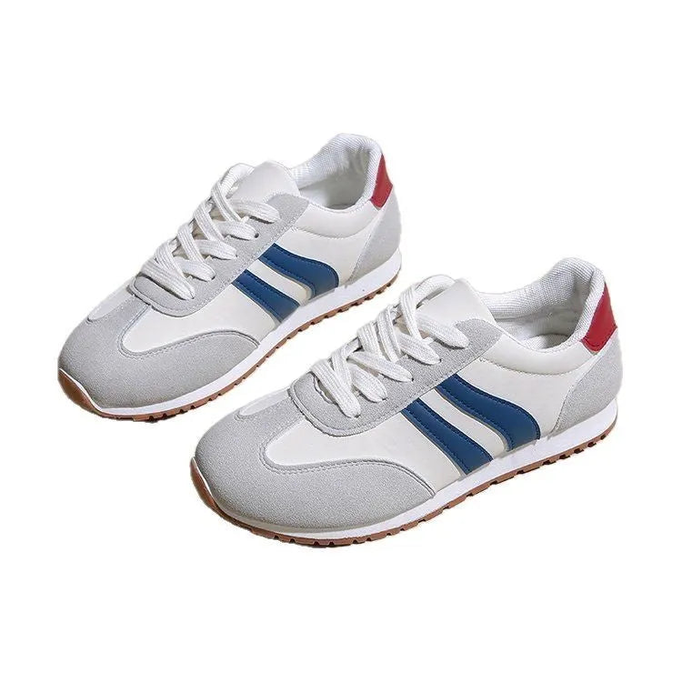 Blue and grey stripe sports shoes with rubber soles and round toe design