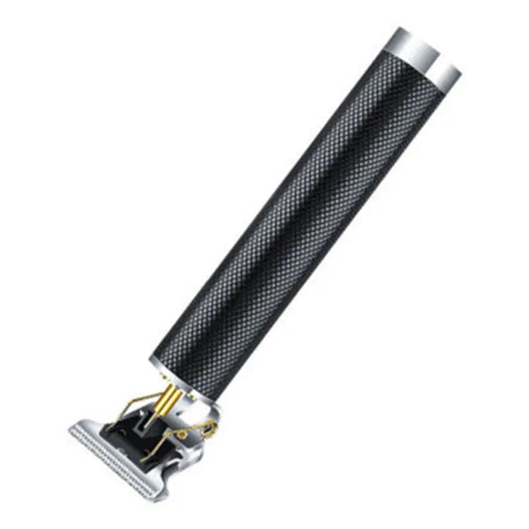 Black rechargeable electric hair clipper with gold steel blades, four comb attachments, and cleaning brush