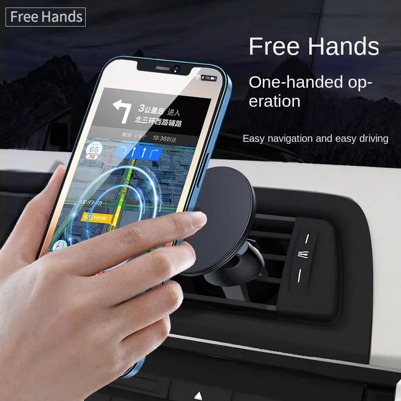 Black aluminium alloy magnetic car air vent mobile phone holder showing 360° rotation