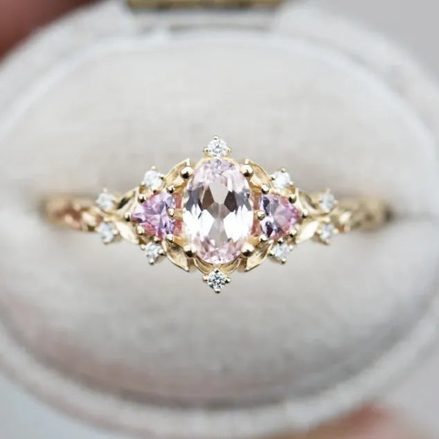 Simple fresh inlaid zircon ring for women alloy flower shape gold pink diamond