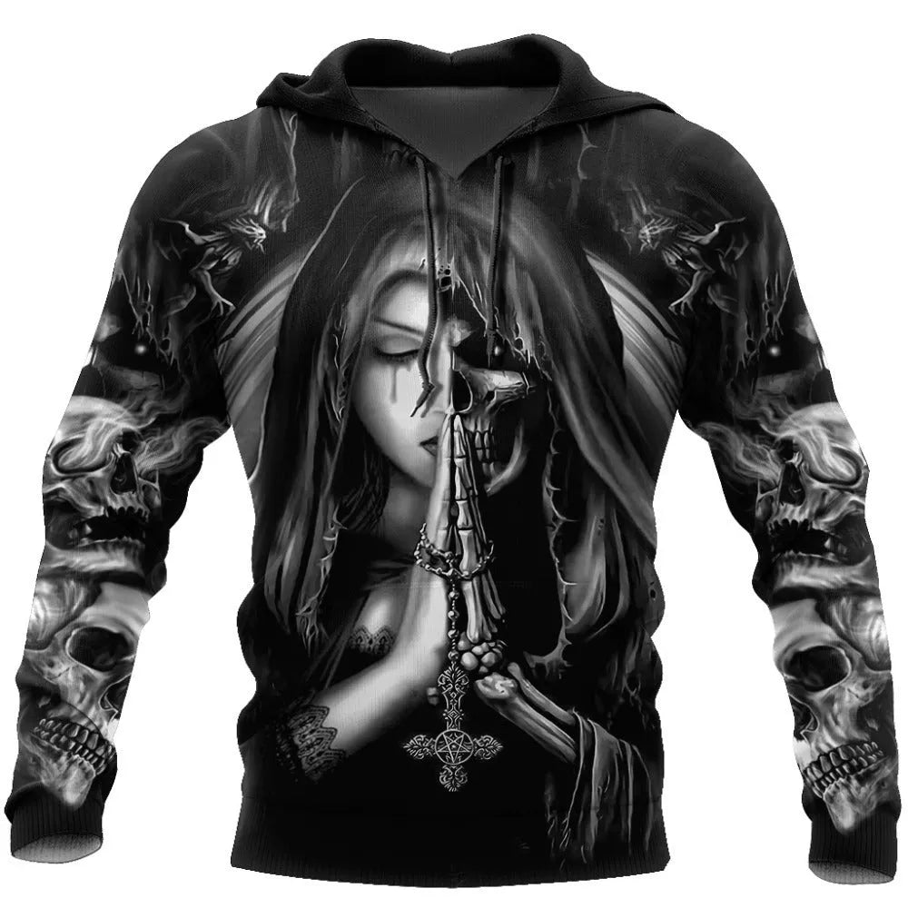 Black hooded sweatshirt with detailed white 3D skull anime graphic on front, long sleeves