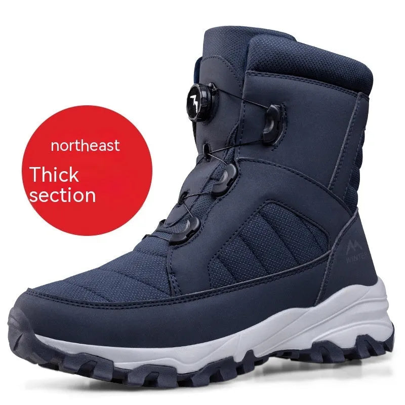 Men's button snow boots fleece-lined winter non-slip Oxford cloth upper black