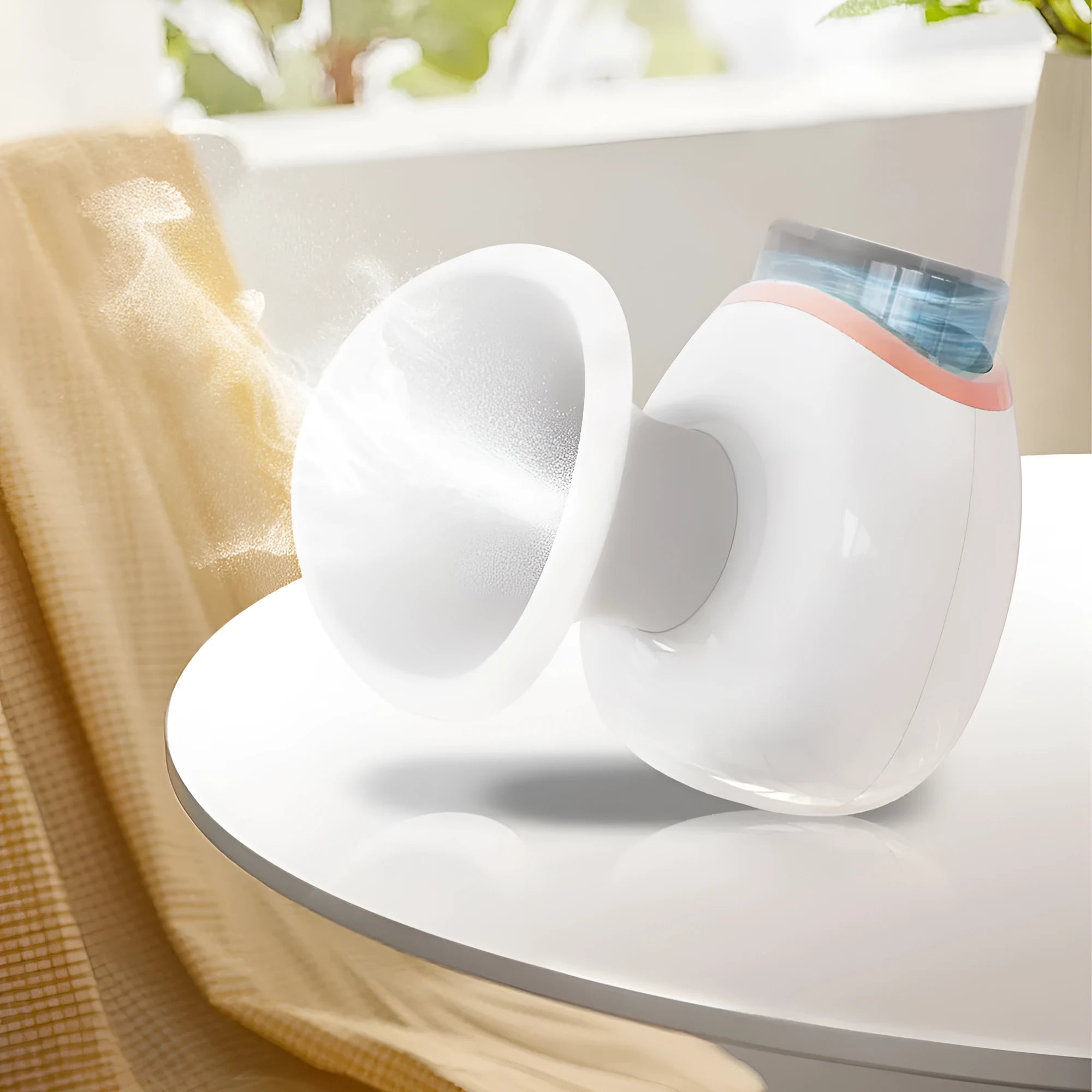 White or purple portable eye humidifier device with USB charging cable