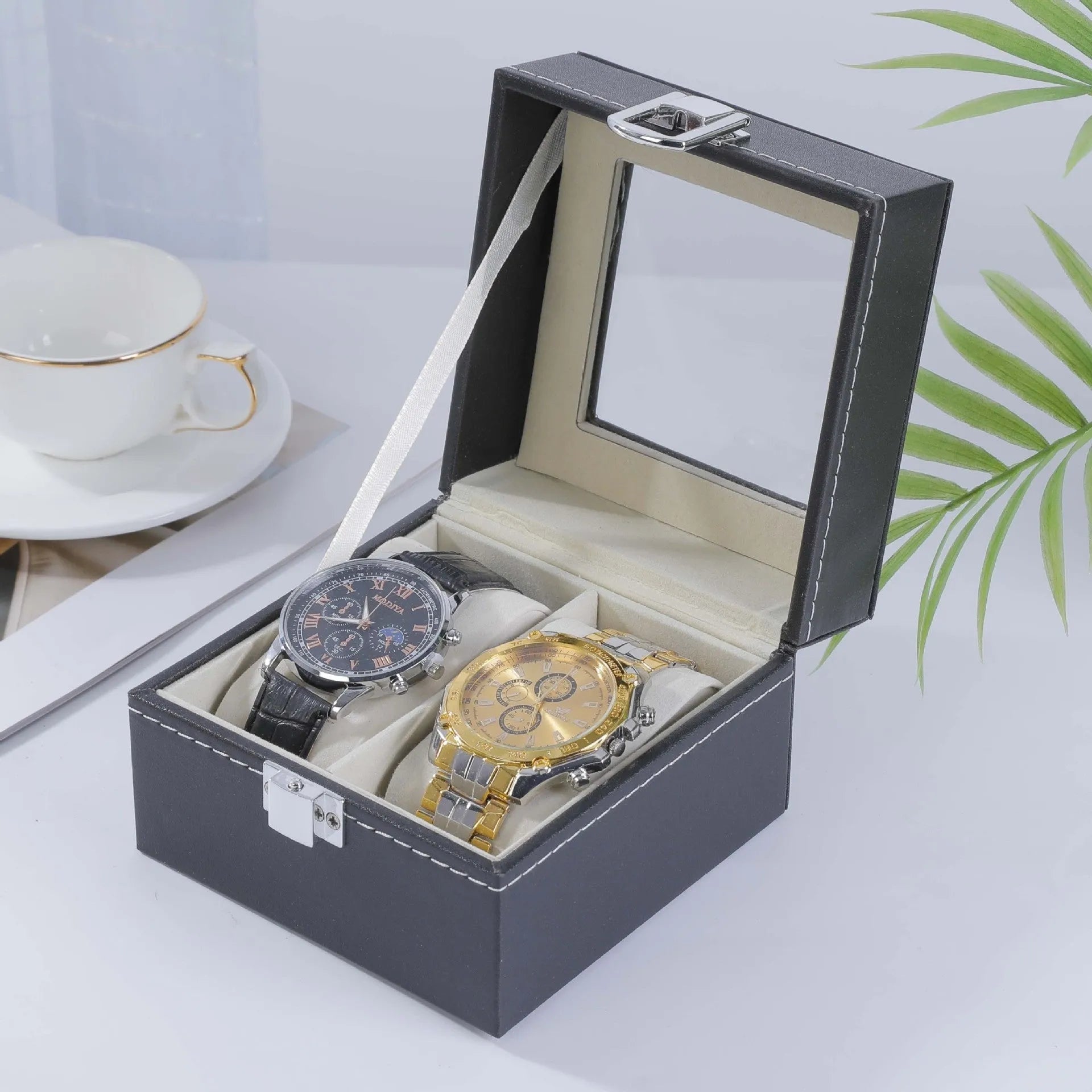 Grey leather watch storage box with transparent dustproof lid showing multiple capacity size options