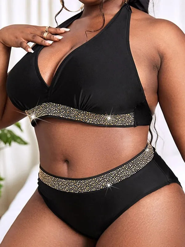 Black plus size women's polyester bikini swimsuit with bra and shorts, sizes 0XL to 4XL