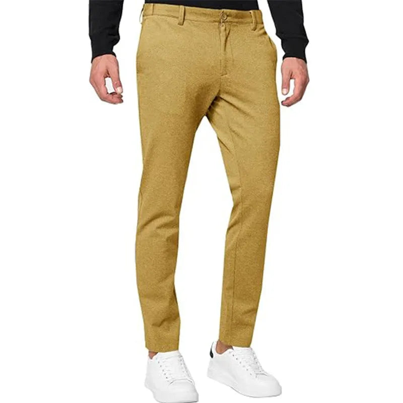 Men's slim-fit stretch chino trousers in khaki colour, showing tapered leg and zip fly detail.