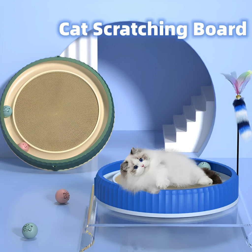 Round cat scratching board with replaceable corrugated paper pad, PP rim, and blue bell ball track