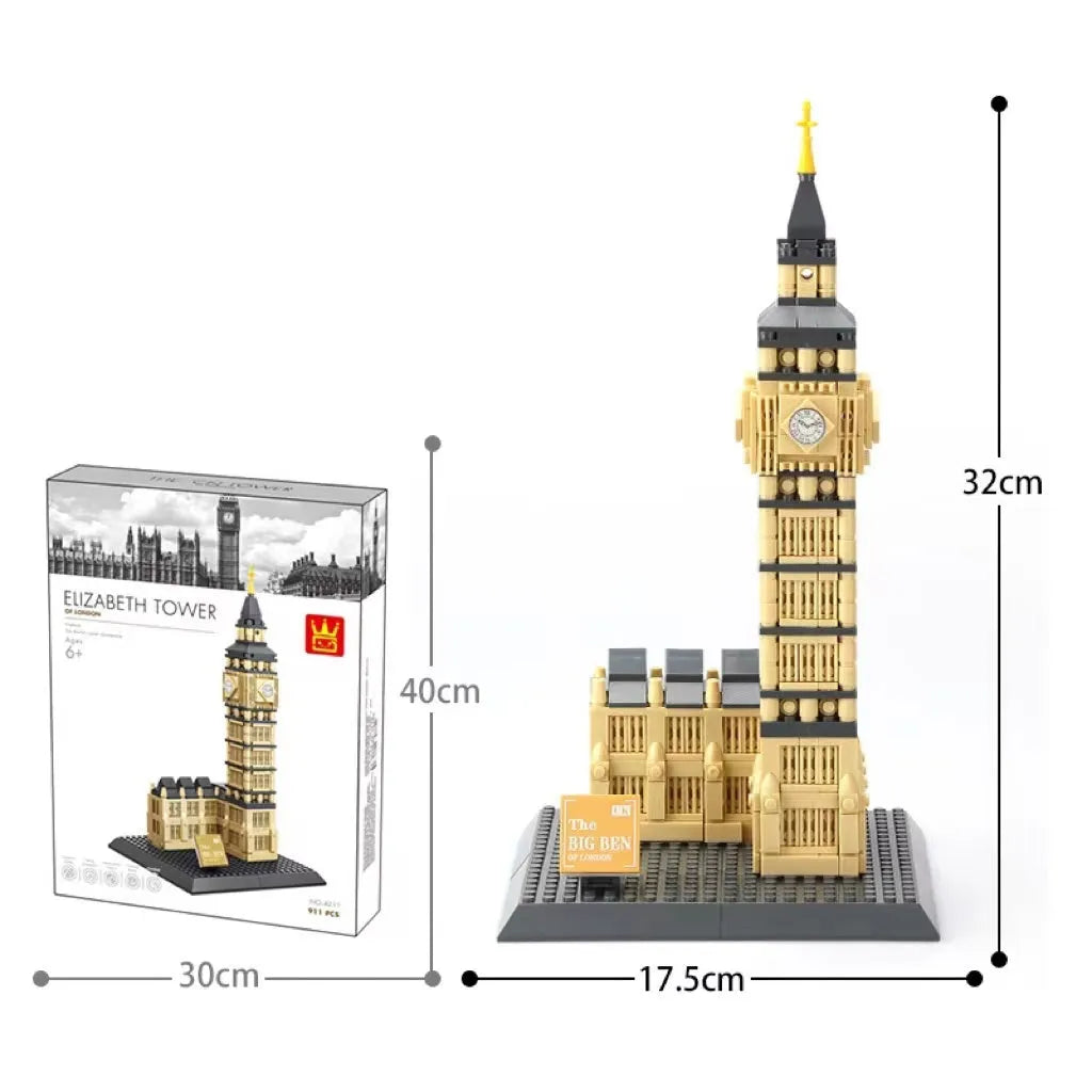 Wange building block street view set with landmark pieces including Eiffel Tower and Big Ben