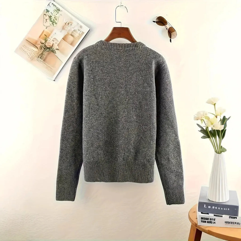 Women's dark grey solid colour polyester cardigan with button front and long sleeves.