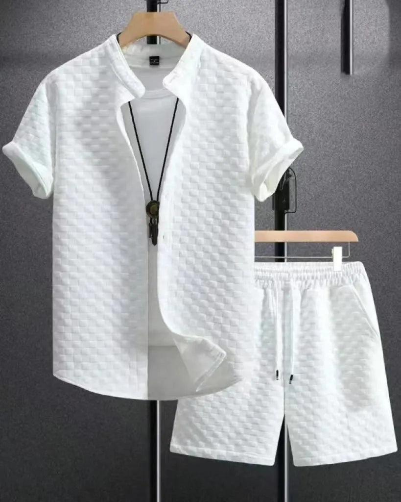 Men's jacquard pattern short sleeve shirt and matching shorts suit set in neutral colour