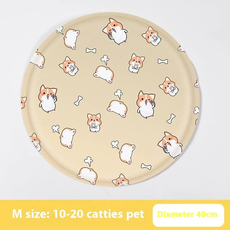 Round pet cooling ice pad with cartoon corgi design on blue background, showing 50cm diameter size.