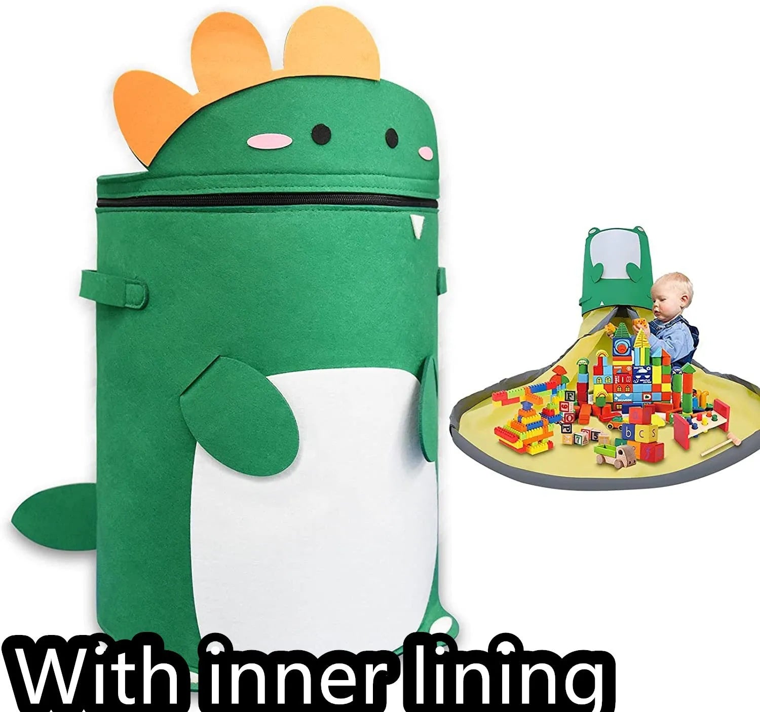 Green felt storage bag cinched closed with pull rope, shown next to it laid flat as a play mat