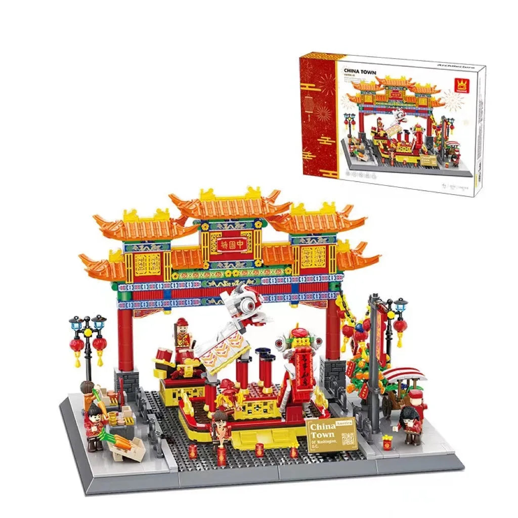 Wange building block street view set with landmark pieces including Eiffel Tower and Big Ben