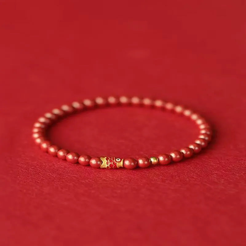 Natural cinnabar koi bracelet with golden ball model in national style, available in 4mm and 6mm sizes