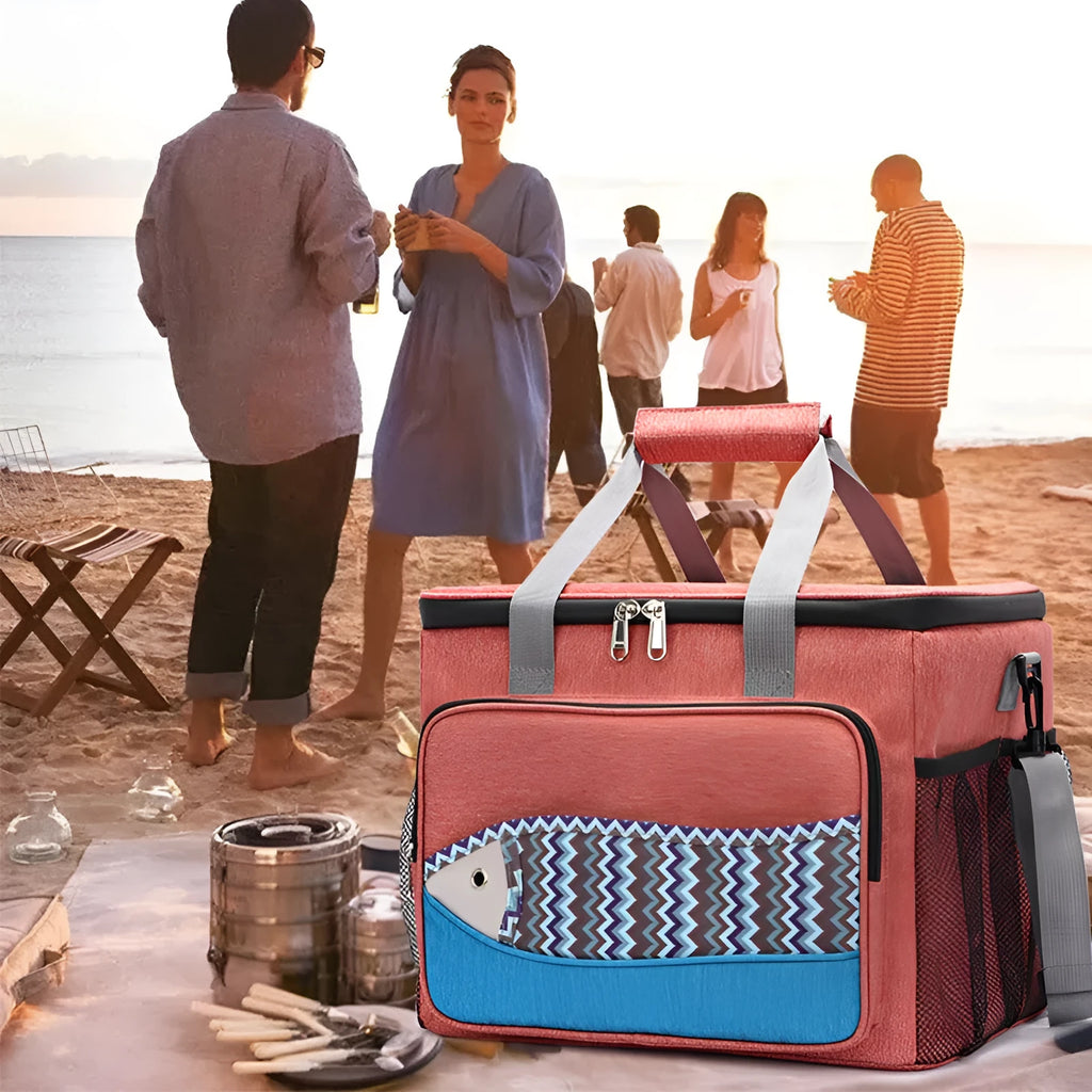 Fish pattern insulated cooler bag in Oxford cloth with EVA lining, medium size, khaki colour