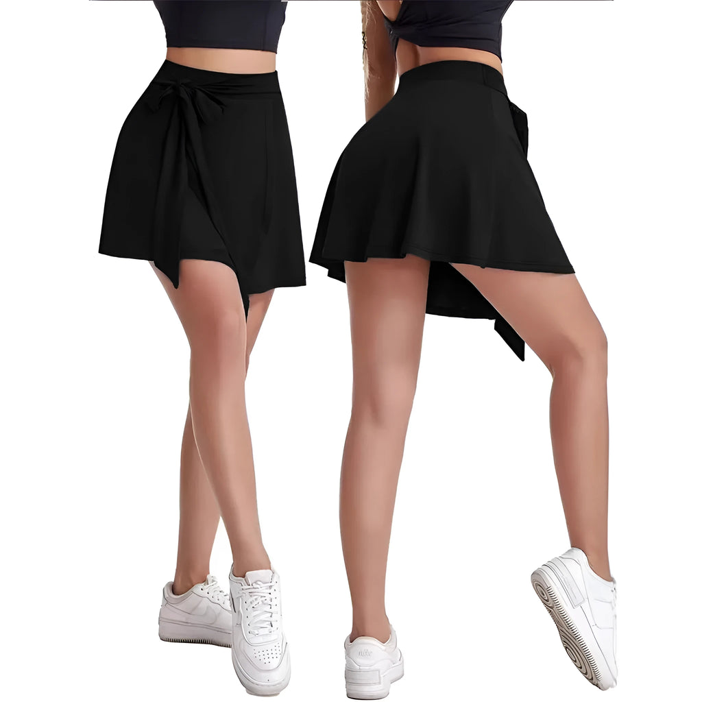 Black unisex high-waist sports skirt with built-in shorts and a shoulder strap detail.