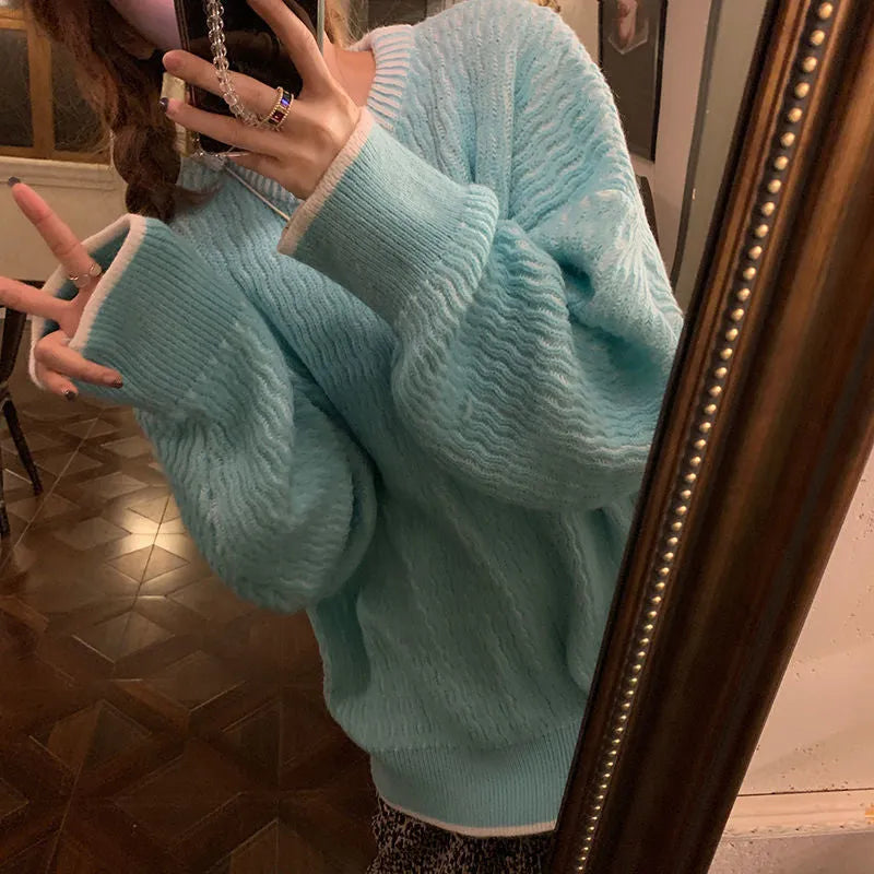 Women's loose fit solid colour pullover sweater in lake blue, pink, or purple options