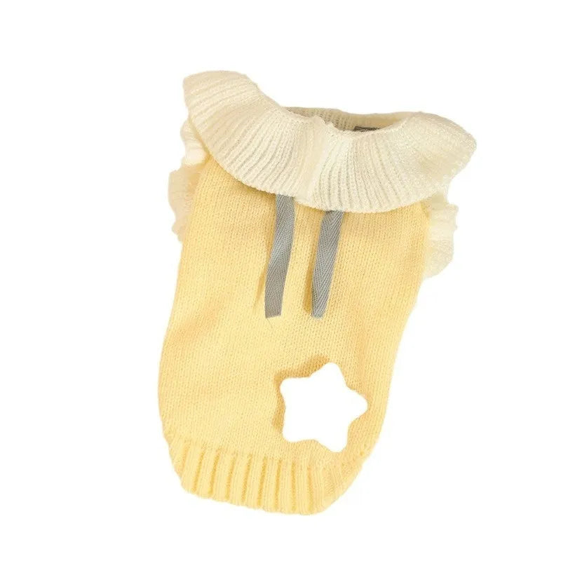 Yellow XINGX and Fairy Dress style acrylic knit dog sweaters for small breeds in autumn.