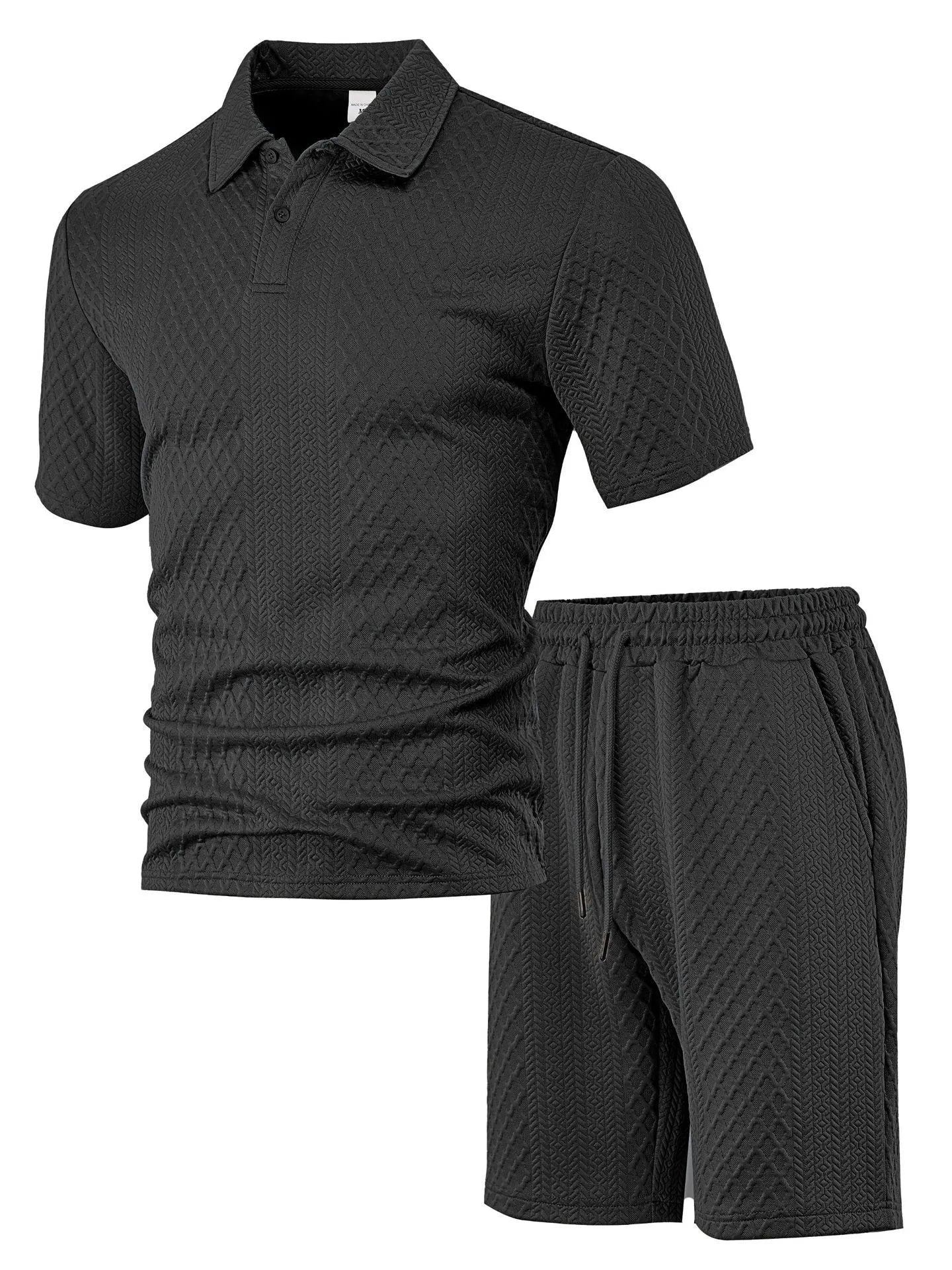Men's patterned cloth short sleeve polo suit in light blue, shown with matching trousers.
