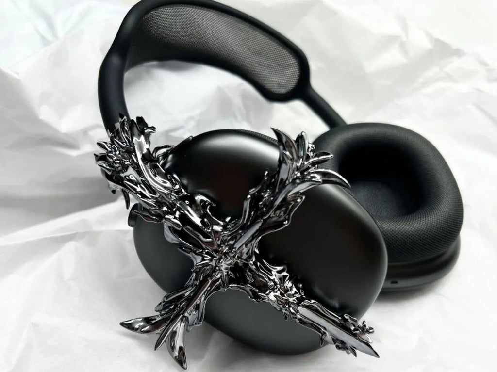 Gothic cross design resin headphone covers for Apple AirPods Max in silver and gun colour options