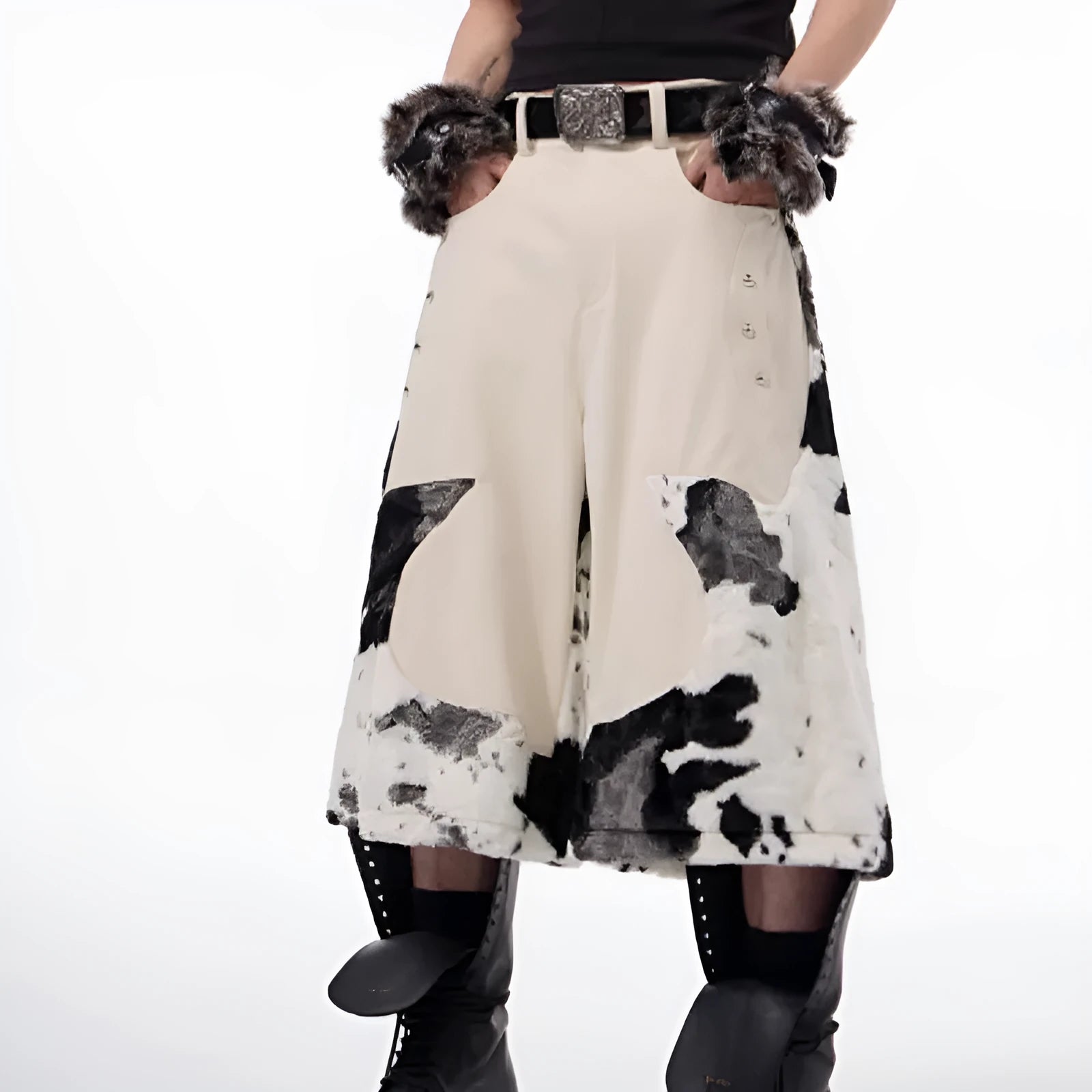 Youthful milk fibre fur cropped pants with checkered pattern in sizes S M L XL