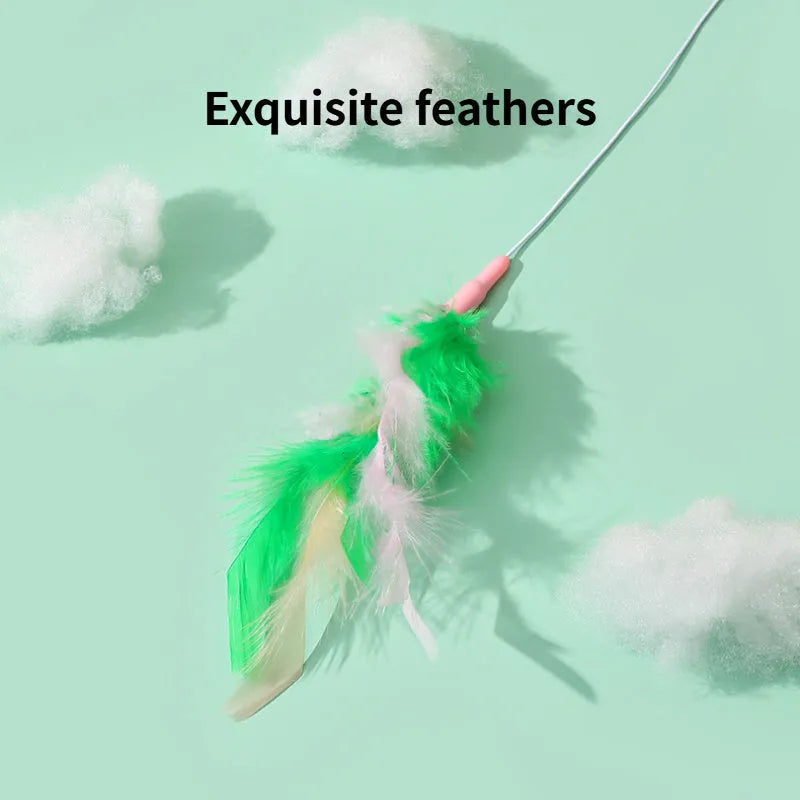 Green cat feather wand toy with bell and feather attachments for interactive play