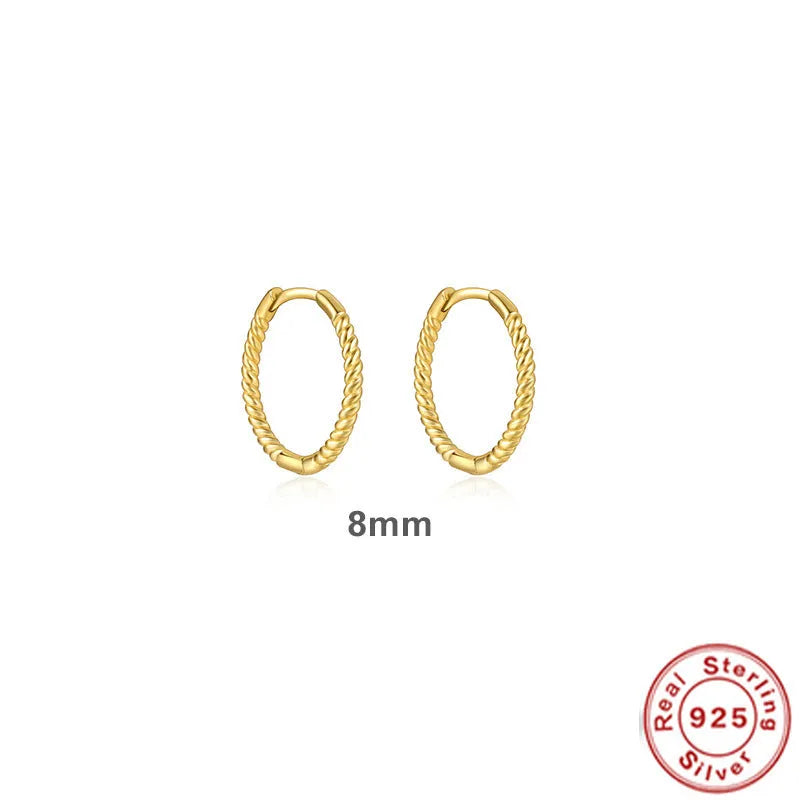 S925 Sterling Silver twisted string round ring earrings in gold or white gold plating, showing geometric design.